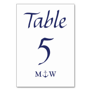 Nautical anchor navy blue white initials Wedding Table Number