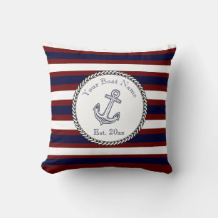 Nautical Anchor Navy Blue White Maroon stripes Cushion