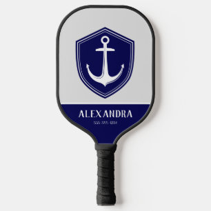 Nautical Anchor Navy Blue White Monogram Name  Pickleball Paddle