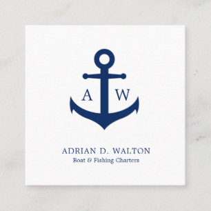 Nautical Anchor Navy Blue White Monogram Simple Square Business Card