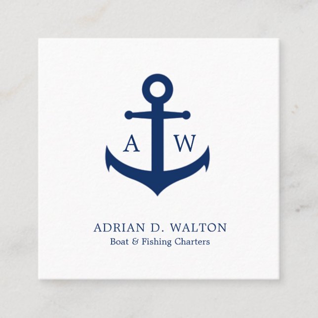 Nautical Anchor Navy Blue White Monogram Simple Square Business Card (Front)