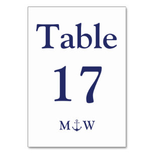 Nautical anchor navy blue white monogram Wedding Table Number