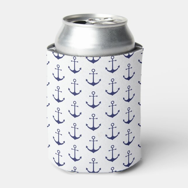 Nautical anchor navy blue white pattern can cooler (Can Front)