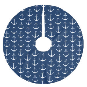 Nautical anchor navy blue white pattern Christmas Brushed Polyester Tree Skirt