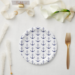 Nautical anchor navy blue white pattern party paper plate