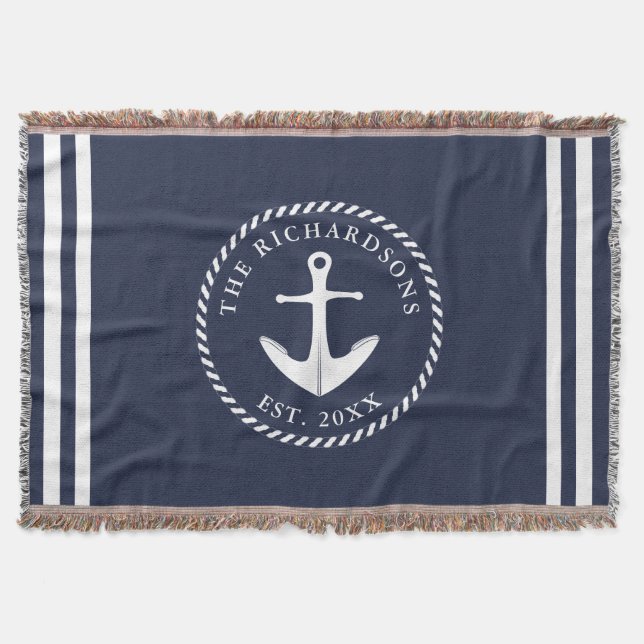Nautical Anchor Navy Blue & White Personalised Throw Blanket (Front)