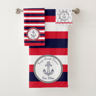 Nautical Anchor Navy Blue White Red stripes  Bath Towel Set
