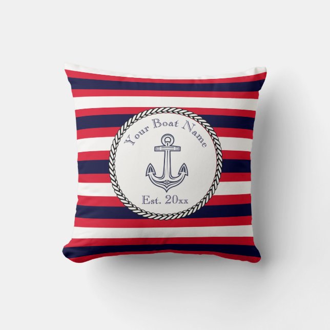 Nautical Anchor Navy Blue White Red stripes Throw  Cushion (Front)