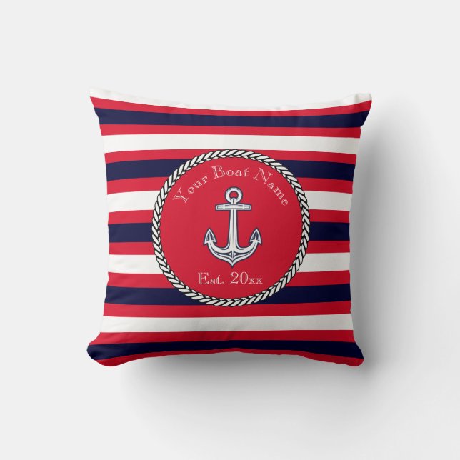 Nautical Anchor Navy Blue White Red stripes Throw  Cushion (Front)