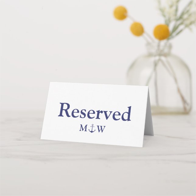 Nautical anchor navy blue white reserved Wedding  Place Card (Front)