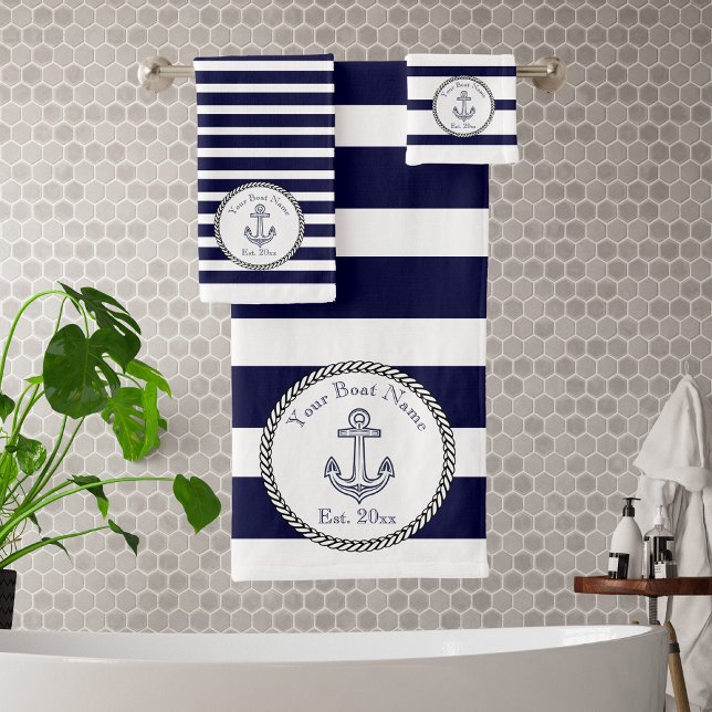Nautical Anchor Navy Blue White stripes  Bath  Bat Towel Set (Creator Uploaded)