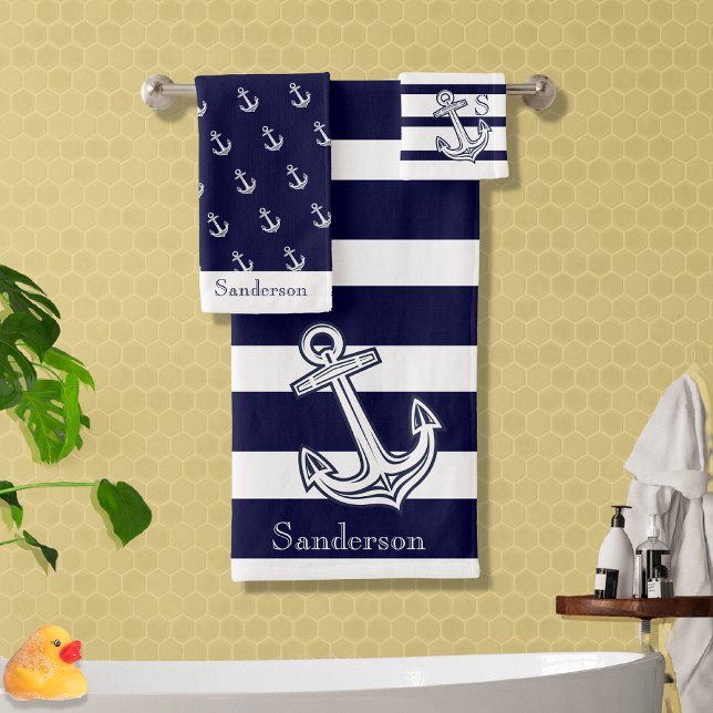 Nautical Anchor Navy Blue White  stripes   Bath To Towel Set (Creator Uploaded)