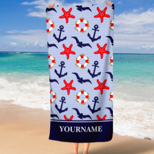 Nautical Anchor Navy Blue White Stripes Beach Towel