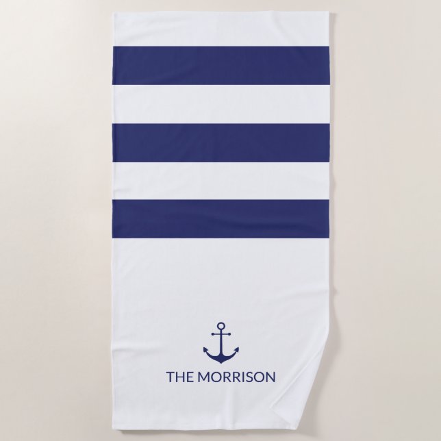 Nautical anchor navy blue white stripes Boat Name  Beach Towel (Front)