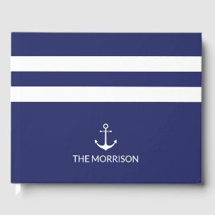 Nautical anchor navy blue white Stripes Boat Name Guest Book