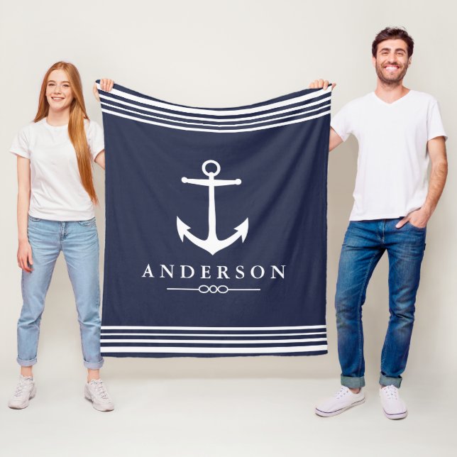 Nautical Anchor Navy Blue & White Stripes Fleece Blanket (In Situ)