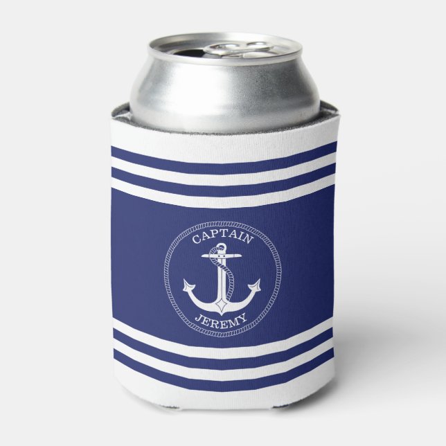 Nautical Anchor Navy Blue White Stripes Monogram Can Cooler (Can Front)