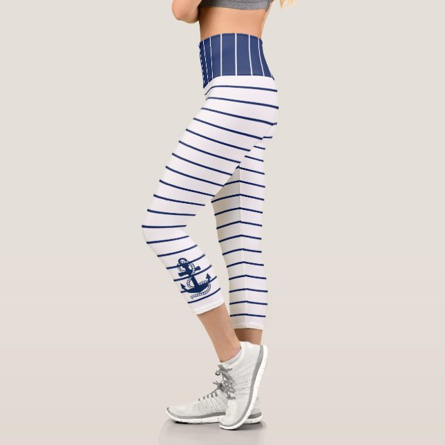 Nautical Anchor Navy Blue White Stripes Pattern Capri Leggings (Left)