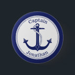 Nautical Anchor Navy Captain Personalised 6 Cm Round Badge<br><div class="desc">This nautical design has a navy blue anchor with a circular rope border and navy blue around the edge.   Navy blue text above the anchor reads "Captain".  Text below is a name for you to personalise.</div>
