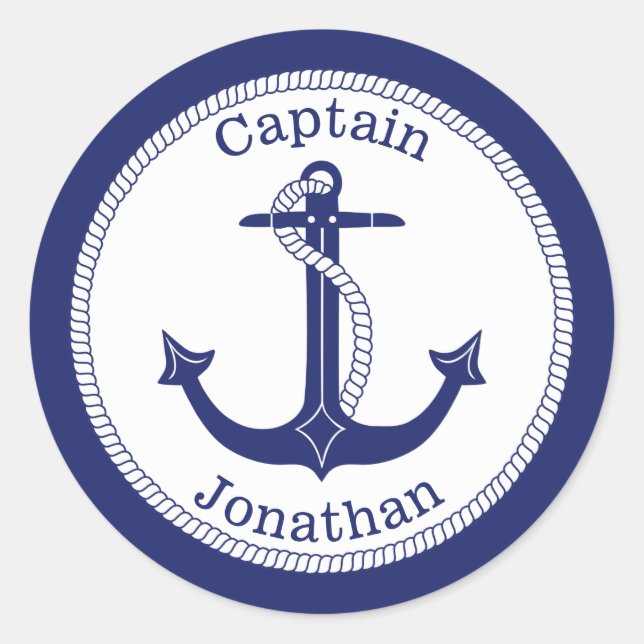Nautical Anchor Navy Captain Personalised Classic Round Sticker (Front)