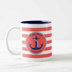 Nautical Anchor Navy Coral First Mate Personalised Two-Tone Coffee Mug
