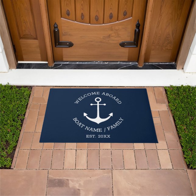 Nautical anchor navy custom name welcome aboard  doormat (Outdoor)