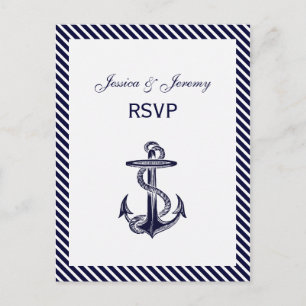 Nautical Anchor Navy Diag Stripe 2 RSVP 1 Invitation Postcard