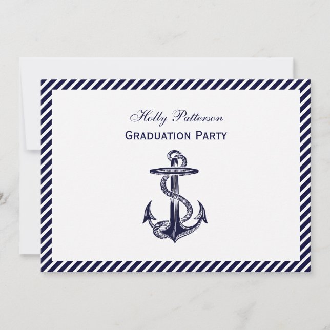 Nautical Anchor Navy Diag Stripe 2H Graduation Invitation (Front)
