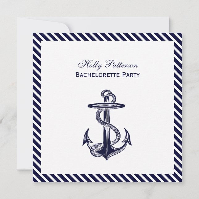 Nautical Anchor Navy Diag Stripe 2SQ Bachelorette Invitation (Front)