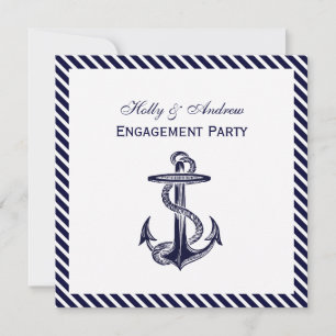 Nautical Anchor Navy Diag Stripe 2SQ Engagement Invitation
