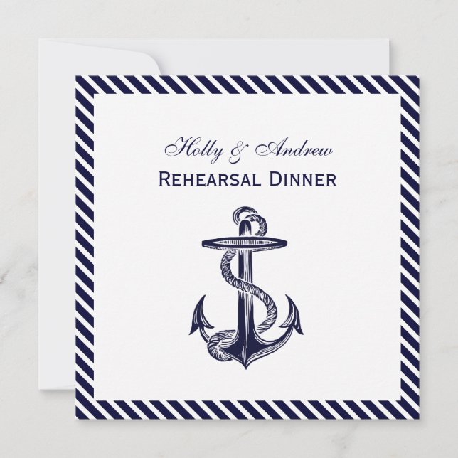 Nautical Anchor Navy Diag Stripe 2SQ Rehearsal Din Invitation (Front)