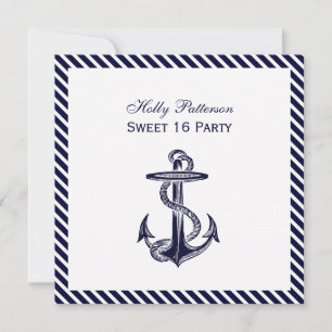Nautical Anchor Navy Diag Stripe 2SQ Sweet 16 Invitation