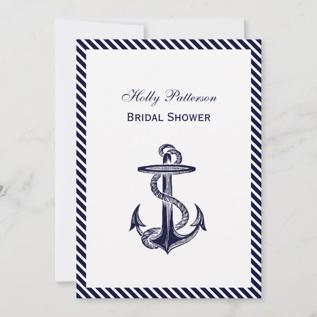 Nautical Anchor Navy Diag Stripe 2V Bridal Shower Invitation (Front)