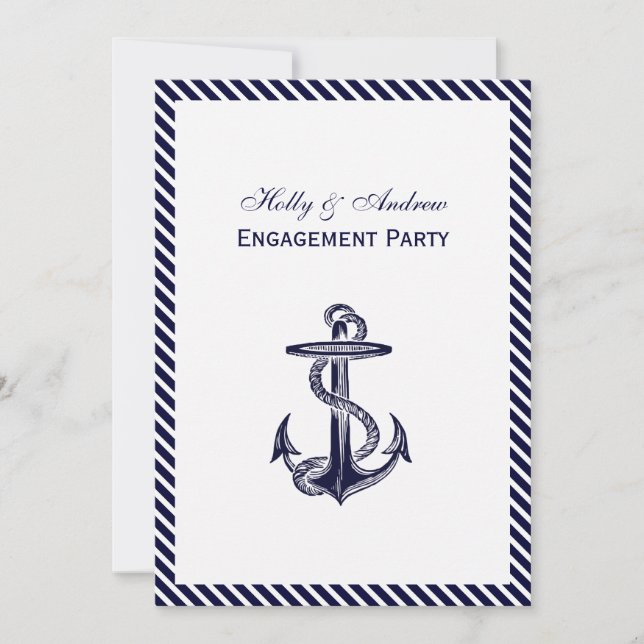 Nautical Anchor Navy Diag Stripe 2V Engagement Invitation (Front)