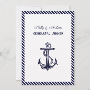 Nautical Anchor Navy Diag Stripe 2V Rehearsal Din Invitation