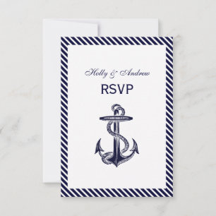 Nautical Anchor Navy Diag Stripe 2V RSVP Card