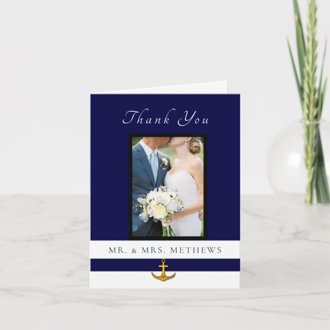 Nautical Anchor Navy Gold Wedding Photo Thank You Card (Front)
