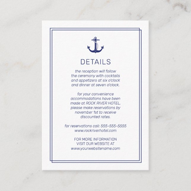Nautical Anchor Navy Minimalist Typography Details Enclosure Card (Front)