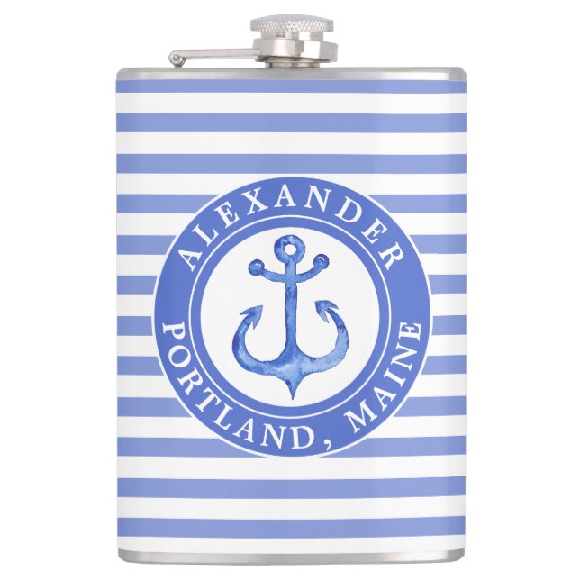 Nautical Anchor Navy Personalised Hip Flask (Front)