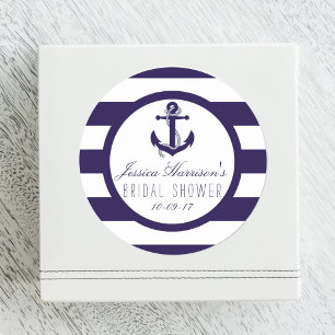 Nautical Anchor Navy Stripe Bridal Shower Favour Classic Round Sticker