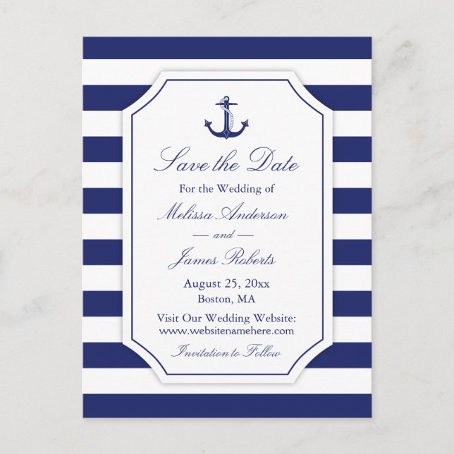 Nautical Anchor Navy Stripe Wedding Save the Date Announcement Postcard (Front)