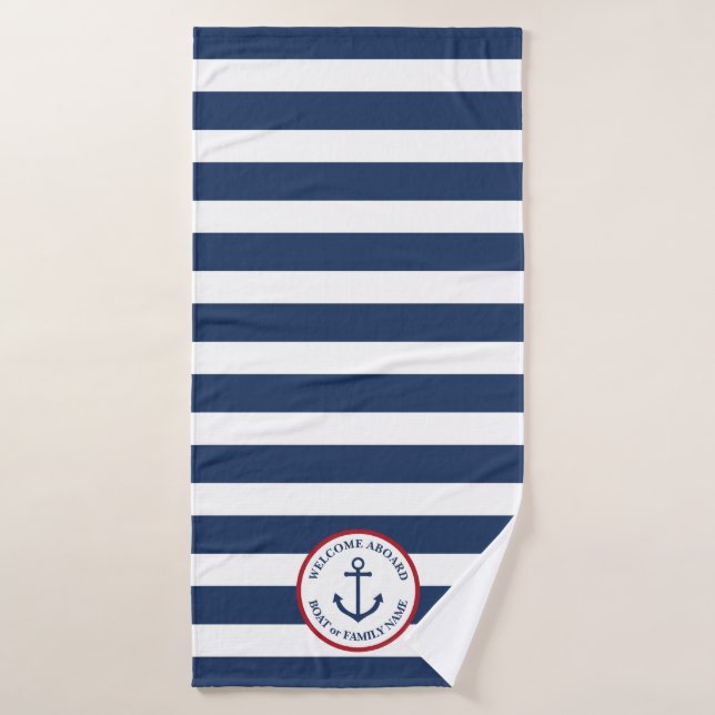 Nautical anchor navy striped personalised towel (Bath Towel)