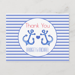 Nautical Anchor Navy Striped   Thank You Postcard