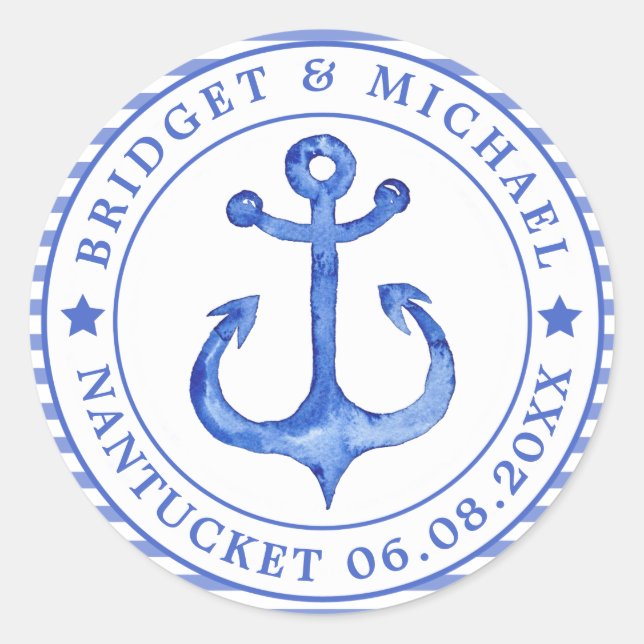 Nautical Anchor - Navy Striped Wedding Stickers (Front)