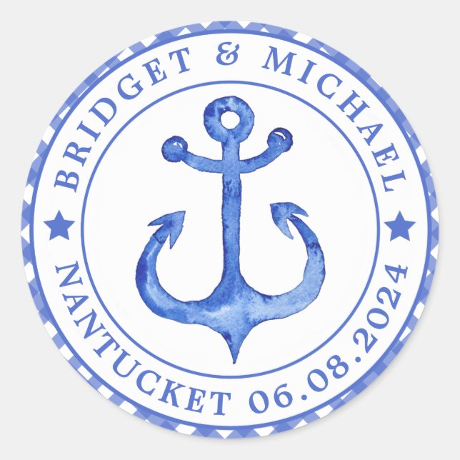 Nautical Anchor - Navy Striped Wedding Stickers (Front)