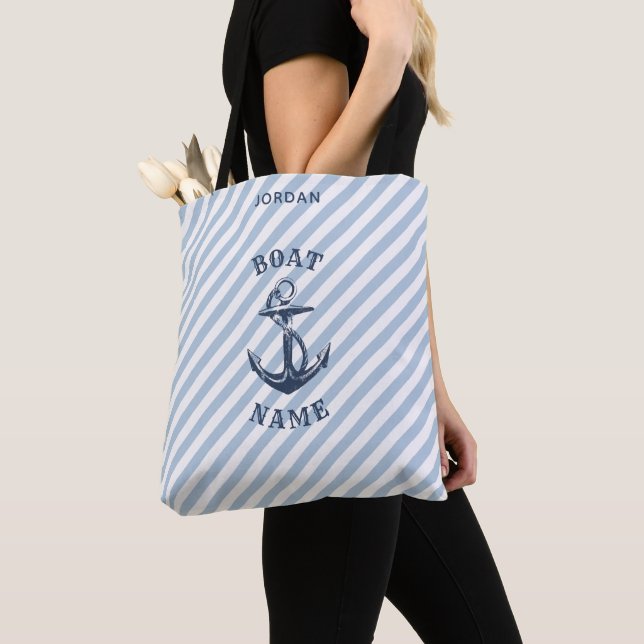Nautical Anchor Navy Stripes Boat Name Tote Bag (Close Up)
