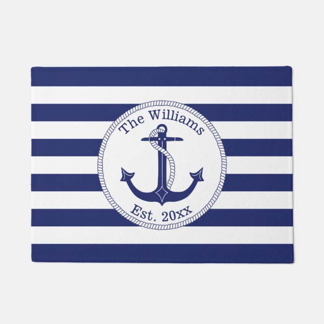 Nautical Anchor Navy Stripes Family Name 18 x 24 Doormat (Front)