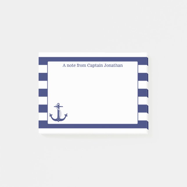 Nautical Anchor Navy Stripes Personalised 4 x 3 Post-it Notes (Front)