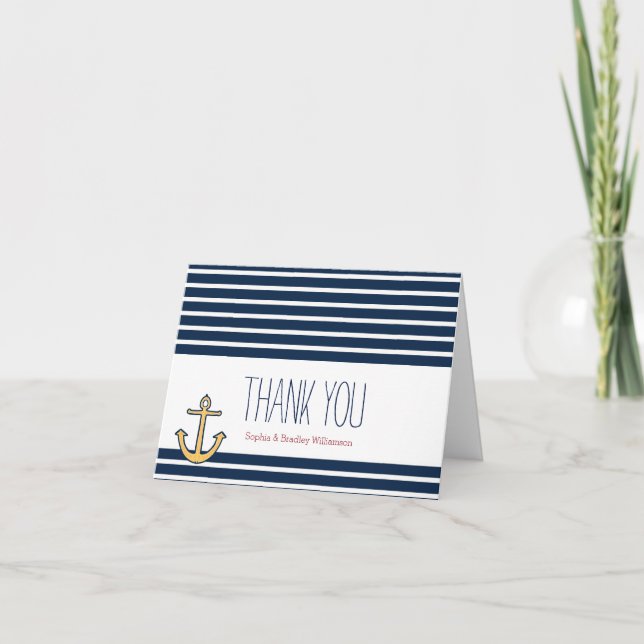 Nautical Anchor Navy Stripes Thank you Card (Front)