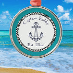 Nautical Anchor Navy Teal Blue White Metal Tree Decoration<br><div class="desc">Nautical Anchor Navy Teal Blue and White Metal Ornament</div>